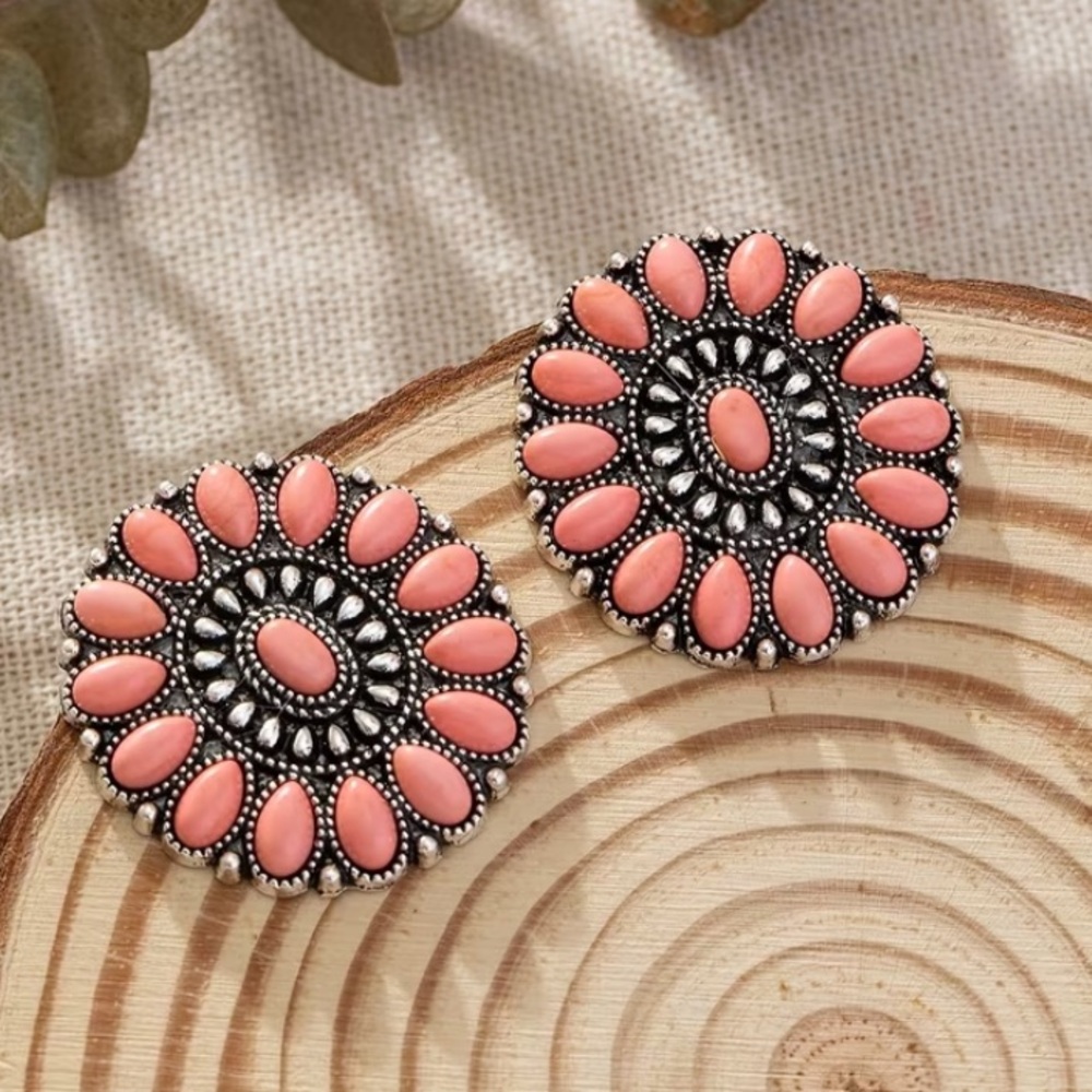 Coral Pink Floral Round Bohemian Style Statement Earrings Western Jewelry NWT - Picture 5 of 5